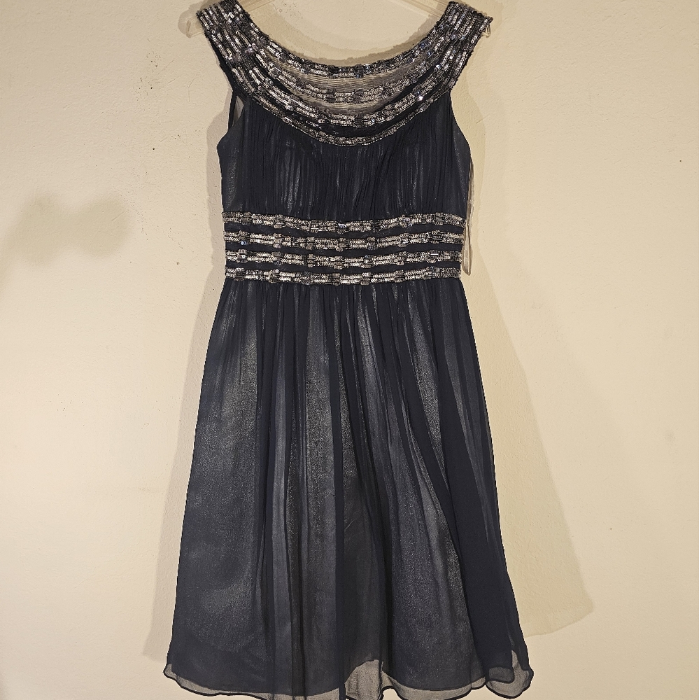 Adrianna Papell Navy and Silver Beaded Evening Dress